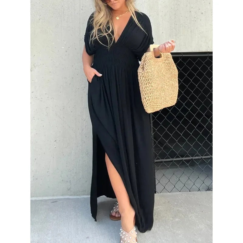 Robe Élégante à Manches Bat et Encolure en V