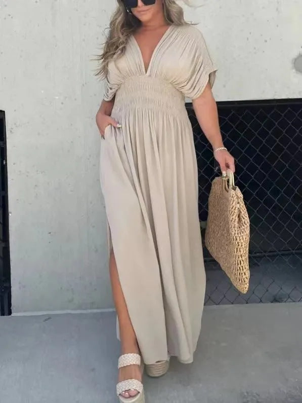 Robe Élégante à Manches Bat et Encolure en V