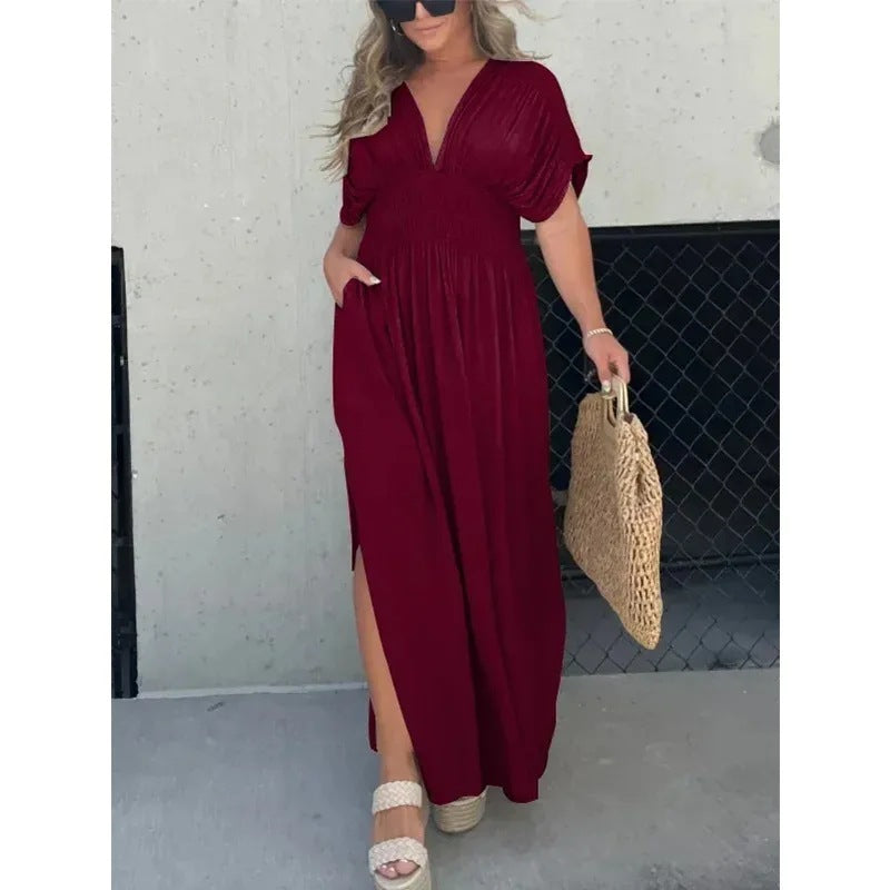 Robe Élégante à Manches Bat et Encolure en V