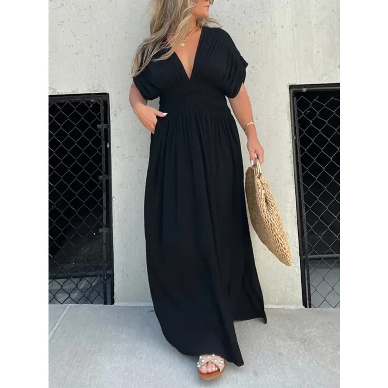 Robe Élégante à Manches Bat et Encolure en V