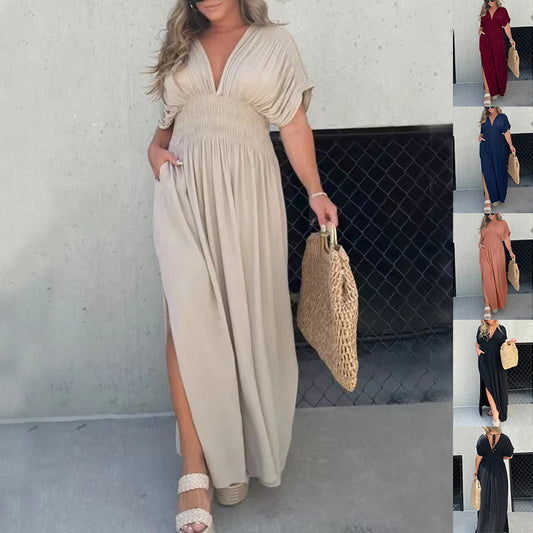 Robe Élégante à Manches Bat et Encolure en V