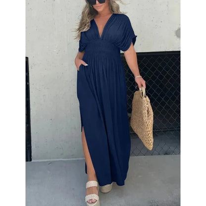 Robe Élégante à Manches Bat et Encolure en V