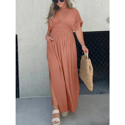 Robe Élégante à Manches Bat et Encolure en V
