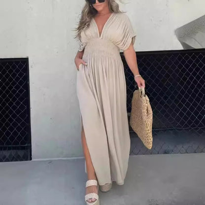 Robe Élégante à Manches Bat et Encolure en V